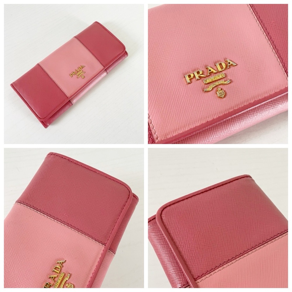 Prada pink saffiano leather two tone stripe gold hardware long wallet - Picture 2 of 14